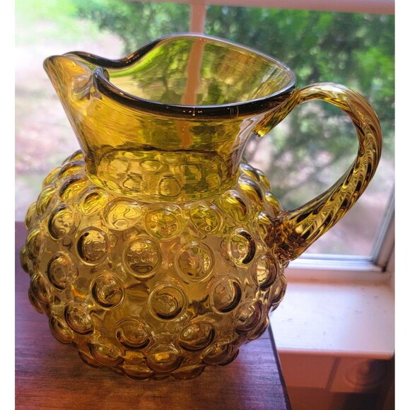 VTG Amber Glass Hobnail Pitcher wide belly applied handle hand blown 8.25" H MCM - Picture 3 of 16
